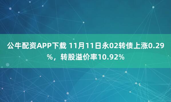 公牛配资APP下载 11月11日永02转债上涨0.29%，转股溢价率10.92%